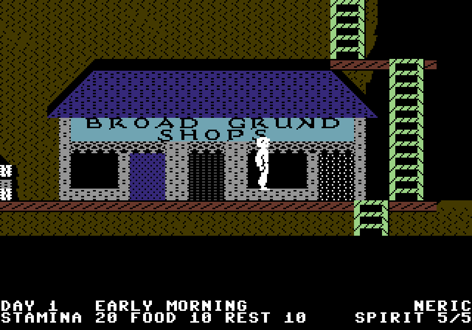 Broad Grund’s shops in the browser port, with the player’s status below the picture.